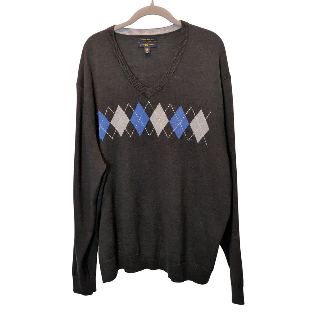 Club Room Men's Sz XXL Grey Italian Spun Merino Wool Blend Argyle Sweater V Neck